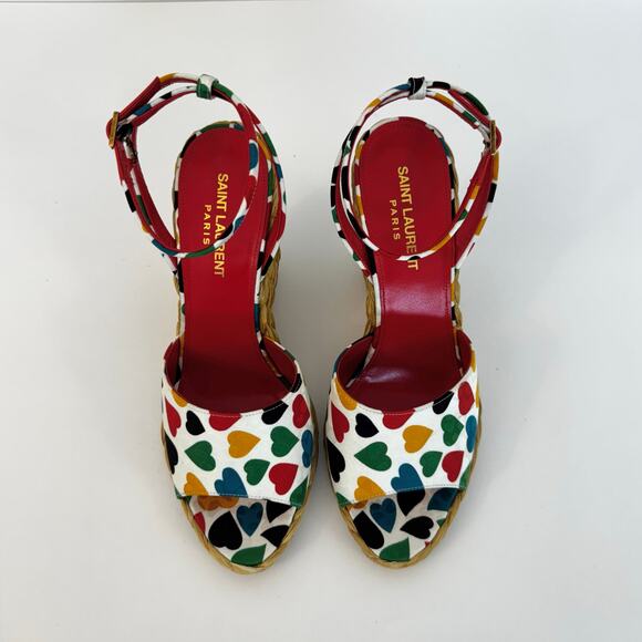 Saint Laurent Paloma Heart-Print Wedge Wicker Espadrilles Sandals 38.5 (US 8.5) - Picture 2 of 16